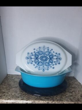 Vintage Blue Floral Covered Casserole Dish - Turquoise & White
